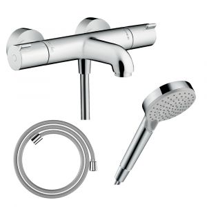 Hansgrohe Pack mitigeur bain thermostatique Ecostat 1001CL + Flexible Designflex + Pommeau Vernis Blend 100 EcoSmart 2jets chromé