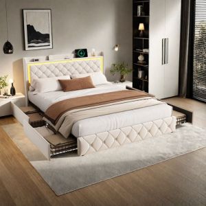 Lit double 160x200 cm avec LED, Lit 160x200 cm en velours avec 4 tiroirs, Sommier, Lit adulte, Lit capitonn&eacute;, 2 personnes, Beige