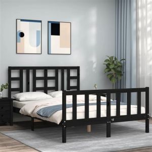 VidaXL Cadre de Lit avec Tête de Lit, Sommier à Lattes en Bois, Lit Double et Adulte, Cadre à Lattes sur Pied Chambre à Coucher, Noir 140X190 cm Bois Massif