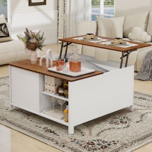 Puluomis &ndash;Table basse carr&eacute;e 80 x 80 x 43 cm &agrave; coins arrondis, deux tons bois et blanc &ndash; Plateau r&eacute;glable en hauteur &ndash; Espace de rangement g&eacute;n&eacute;reux &ndash;