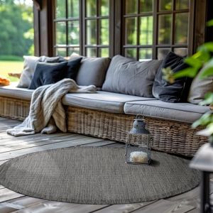 Tapis Extérieur Rond, pour Terrasse, Balcon et Jardin, Tapis de Cuisine Uni, Design Résistant aux Intempéries, Tissage Plat Effet Sisal, Tapis Lavable 200 cm Rond, Noir