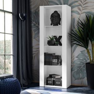 Vitrine Armoire Tivoli, Blanc/Blanc, Largeur 55cm x Hauteur 159cm x Profondeur 35cm, 3 étagères, sans led, pour Salon, Chambre, Entrée - Komodee