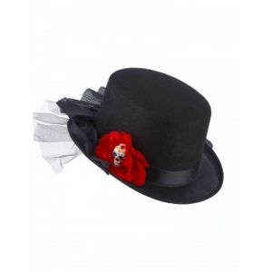 Chapeau haut de forme noir tête de mort fleur rouge Dia de los muertos adulte