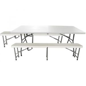 Gardiun Ensemble Table + 2 Bancs Pliants et Portables New Koln 180x74x74 cm en Résine Couleur Blanche