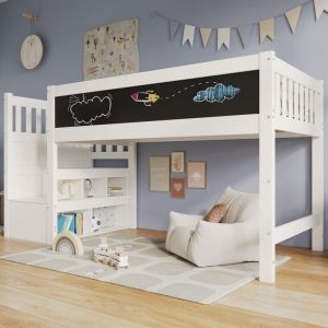 Lit mezzanine enfant 90x200cm avec tableau noir, échelle de rangement, sommier à lattes, sans matelas, antichute, MDF, blanc