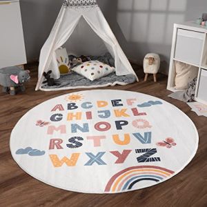 Paco Home - Tapis Chambre Enfant Bebe Fille Garcon Antidérapant Arc-en-ciel Coeur Pois 160 cm rond, Multicolore