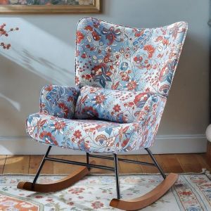 Fauteuil &agrave; Bascule &Eacute;l&eacute;gant HOMEMIYN - Design Mid-Century avec Motif Pissenlit sur Tissu Toile