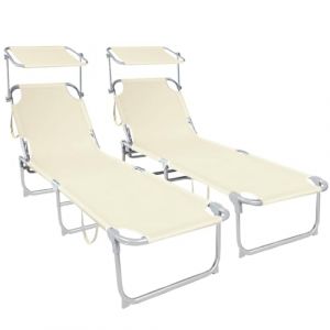 Vounot Lot de 2 Chaise Longue Bain de Soleil avec Pare Soleil | Transat Pliable avec Parasol | Bain De Soleil inclinable en Polyester | Charge Max 110KG | Chaise Longue réglable Beige