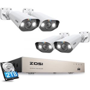 Zosi 8CH 2To 5MP PoE NVR + 5MP Caméra de Surveillance PoE, Audio Bidirectionnel, Détection Humaine AI, Alarme Sonore et Lumineuse