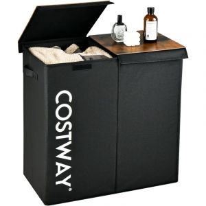 115 l Panier à Linge 2 Compartiments, Corbeille à Linge avec Couvercle et Poignées, Bac à Linge Sale en Tissu Non Tissé, Noir - Goplus