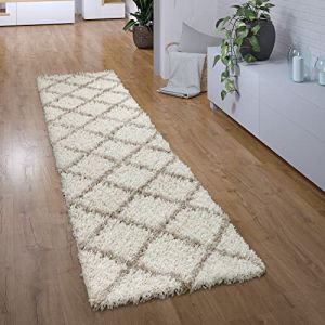 Image de Paco Home - Tapis Poil Long Tapis Couloir Chambre Shaggy Moderne Motif Diamant Scandinave 60x100 cm, Crème-Beige