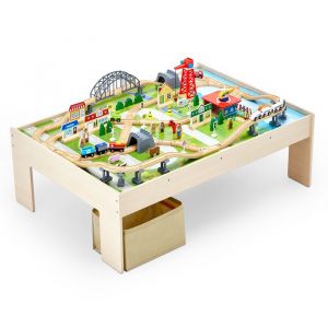 VEVOR Table Circuit Train Bois, 120 PCS, avec Rail de Train, Bac Rangement Pliable, Table d'Activit&eacute;s 3 en 1 Double Face pour Jouer, Dessiner, Lire, Manger, Jouets Cr&eacute;atifs pour Enfants 3 Ans et Plus