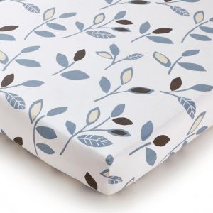 Drap housse imprimé motifs feuilles en coton bleu SEVENTIES