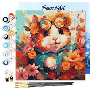 Figured'Art Mini Peinture par Numéro Adulte 20x20cm avec cadre Hamster fantaisie et fleurs - Petit Format Kit de Loisir Créatif DIY Numéro d'Art Complet