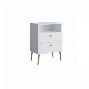 Table de Chevet 2 Tiroirs avec Niche - Blanc Alpin et Pieds en M&eacute;tal Dor&eacute; - Collection Aurora
