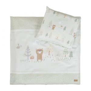 Roba Parure de lit Woodland Buddies en Coton – Housse de Couette de 80 x 80 cm et taie d'oreiller de 35 x 40 cm – Parure de lit pour bébé en Vert Pastel avec Motif Ours, Lapin, Abeille et forêt