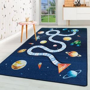 Homebyhome Tapis enfant motif espace coloris bleu marine 120x170 cm tapis chambre enfant tapis chambre bébé