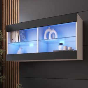 Vitrine Suspendue Tivoli Horizontal 100, Blanc/Noir, led Bleues Largeur 100cm x Hauteur 50cm x Profondeur 29,5cm, 2 &eacute;tag&egrave;res en verre, pour Salon,