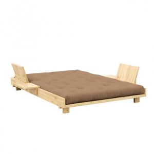 Lit futon SOCIAL SOFA pin laqué naturel couchage 140x200 cm avec 2 dossiers et 2 tables d'appoint matelas moka