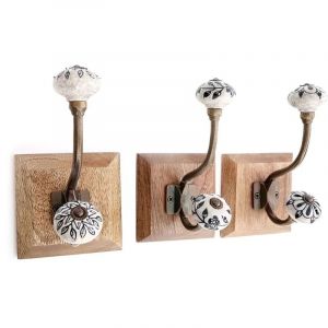 SIL - Patère en bois de manguier et céramique 1 crochet (Lot de 3)