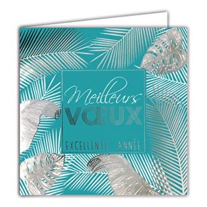 AFIE 23037 Carte Carrée Bonne Année Meilleurs Vœux Argenté Brillant Feuilles Palmiers Bananiers Monstera Tropical Exotique Fêtes de fin d'année - Avec Enveloppe Blanche