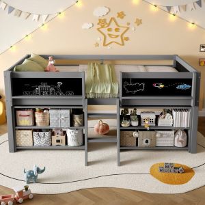 Lit enfant 90 x 200 cm - avec étagère de rangement - avec barrières + échelle - gris (matelas non inclus)