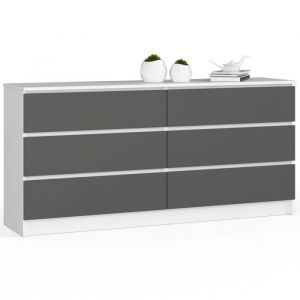Grande Commode pour le salon AKORD K160 Blanche 160 cm 6 tiroirs façade Gris Graphite 160x40x77 cm
