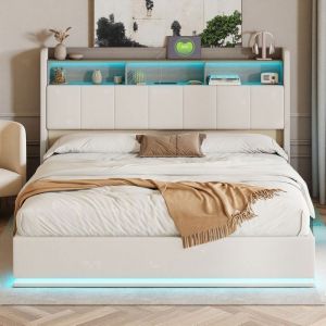 Lit 160x200 cm - LED et USB - Velours Blanc - hydraulique - Structure de lit double 160x200 cm - Sommier