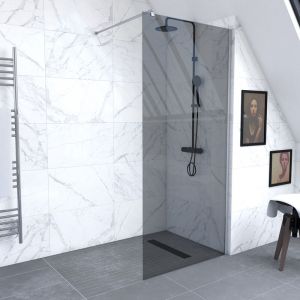 Aurlane Pack paroi de douche à l'italienne 90x200cm fumée profile chrome FREEDOM 2 DARK 90 + barre de fixation murale chrome FRE