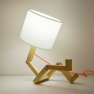 Lampe de table LED en bois robot articulée créative avec abat-jour en tissu blanc pour chambre d'étude de chevet de jeunes enfants