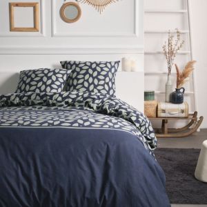 Today Parure de lit double en coton flanelle imprimé feuilles - Bleu marine - 240 x 260 cm