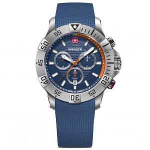 Wenger Montre pour Homme Seaforce Chrono Analogique Quartz, Chronograph, &Oslash; 43 mm, Swiss Made, &Eacute;tanche jusqu'&agrave; 200 m, Orange/Bleu, Bracelet en Silicone Bleu, 01.0643.124