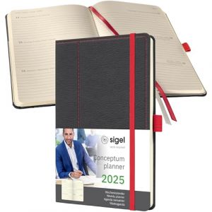 Sigel C2555 Agenda semainier 2025, motif r&eacute;tro, A5, couverture rigide, gris, rouge - Conceptum