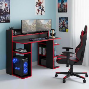 Bureau à étagères style gamer Vrecto Noir et Rouge