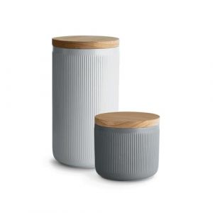 Boîte de conservation en céramique avec couvercle en bois, gris, 2 parties