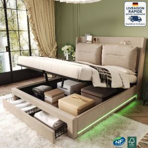 Modfu - Lit coffre avec tiroirs 140x190cm, lit double led, velours, sans matelas, lit adulte, beige