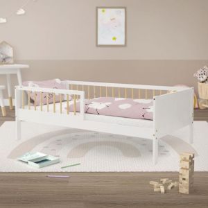 Lit d'enfant Simple 80x160 cm, Blanc-Naturel, en Bois de Pin, avec Sommier à Lattes et Protection contre les Chutes, sans Matelas, Cadre de Lit pour