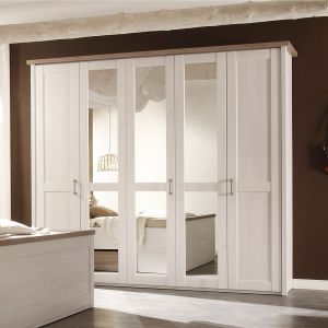 Emob Armoire Larnaca avec 5 portes, dont 3 portes miroir au milieu. L'unité est faite de panneaux de particules foilés dans un décor d...