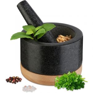 Relaxdays Mortier avec Pilon, en Granite, Support en Bois, Dimensions du mortier Seul H x D : 8,5 x 14 cm, Noir & Nature