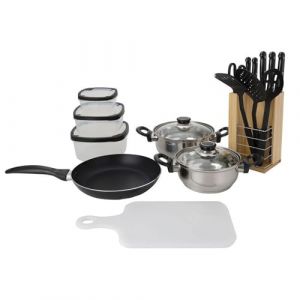 Well Home Batterie de cuisine de 18 pièces (1 poêle + 2 casseroles + 1 planche à découper + 1 paire de ciseaux + 3 ustensiles en nylon + 4 tuppers + 1 bloc en bois