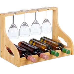 Relaxdays Casier à vin, Porte-Bouteilles avec Porte-Verres, 4 Bouteilles & Verres, Bambou, HLP: 30x44,5x23,5 cm, Naturel