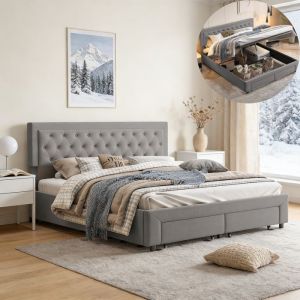 Lit 160x200 cm - tissu en velours - sommier - hydraulique - cadre de lit adulte 160x200 cm - gris