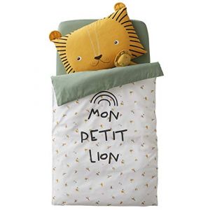 Vertbaudet Housse de Couette bébé Mon Petit Lion Oeko-Tex Ivoire imprimé/Vert 80X120