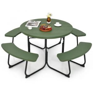 Costway Ensemble Table Et Chaises De Jardin Extérieur 8 Personnes, Trou Pour Parasol, Table Ronde Avec 4 Bancs De Pique-Nique, Vert