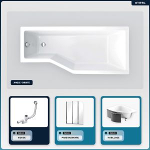 Baignoire asymétrique - 150 x 75 cm - Droite - avec Habillage - Pieds - Pare Baignoire 3 Volets - Vidage Chrome - INTEGRA