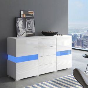 Buffet haut meuble de rangement avec lumi&egrave;re LED 16 couleurs t&eacute;l&eacute;commande 2 portes vitr&eacute;es et 4 tiroirs aliment&eacute; par USB blanc