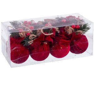 Wadiga Set de 8 boules de Noël rouges houx et pin - 6cm