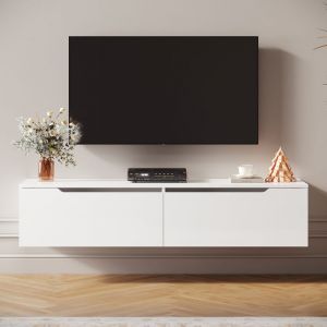 Meuble TV Blanc SIRHONA H35xL160xP30cm avec 2 portes - Grande capacité de rangement