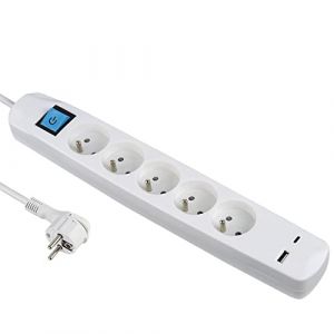 Electraline 35614 Bloc Multiprise 5 Prises Fran&ccedil;aises + 2 USB 3.4A 17W A + 1 Type C, avec Interrupteur on/Off, Fiche Extra Plate 90&deg; 16A, C&acirc;ble 1.5M, Blanc