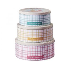 Set de 3 bo&icirc;tes de rangement en m&eacute;tal pour p&acirc;tisseries &agrave; carreaux pastel